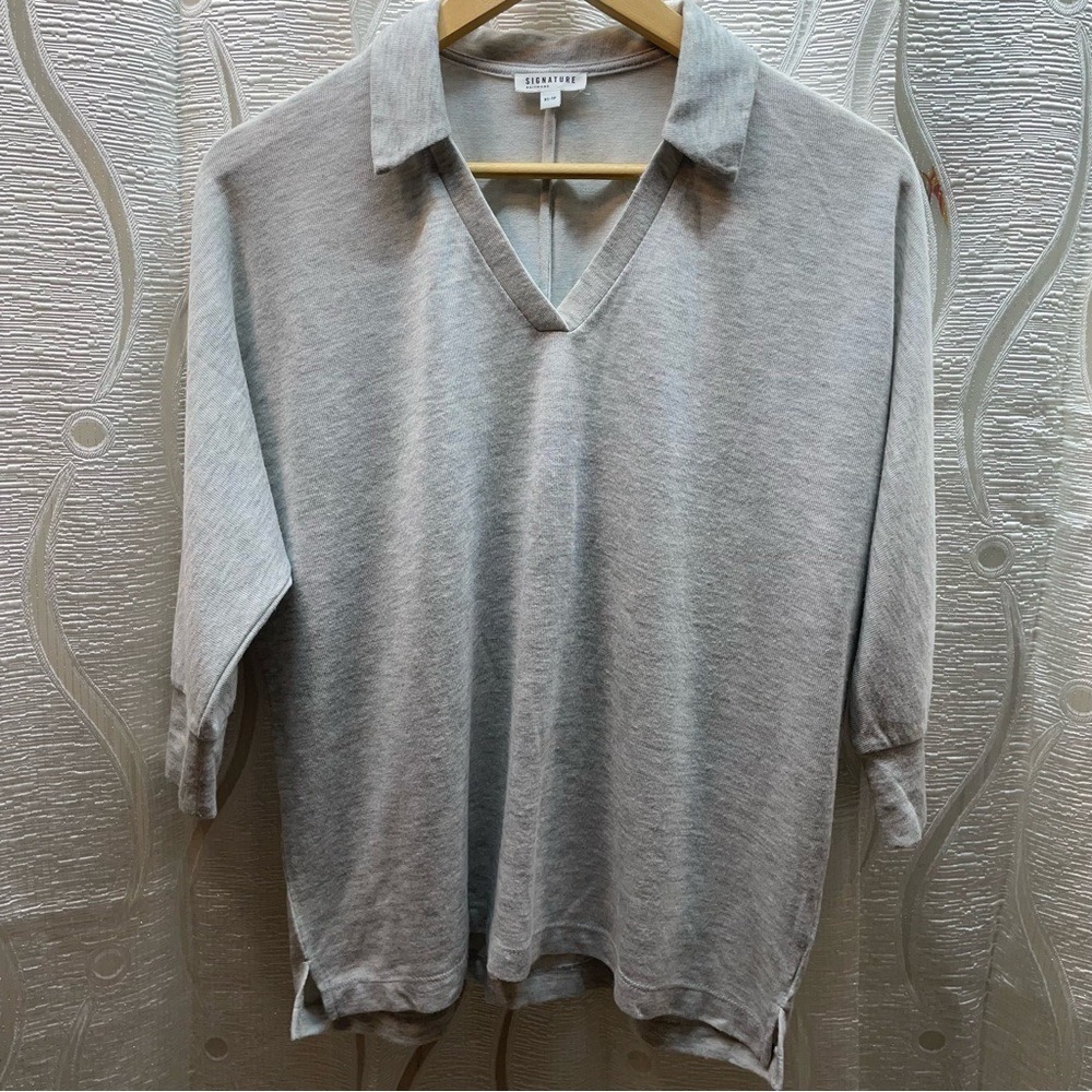 Signature Reitmans V-Neck Polo‎ Sweater Womens XS Grey Dolman 3/4 Sleeve
